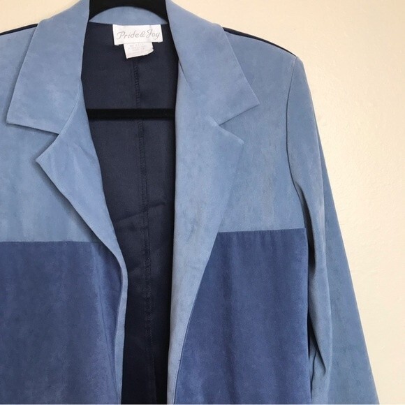 Vintage Pride and Joy Patchwork Faux Suede Duster Blue Jacket Women Size 10 - Picture 3 of 11